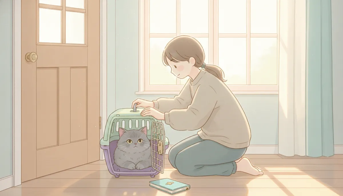이동장 문을 닫는 집사와 안에 들어간 고양이, 옆에 놓인 수첩 일러스트